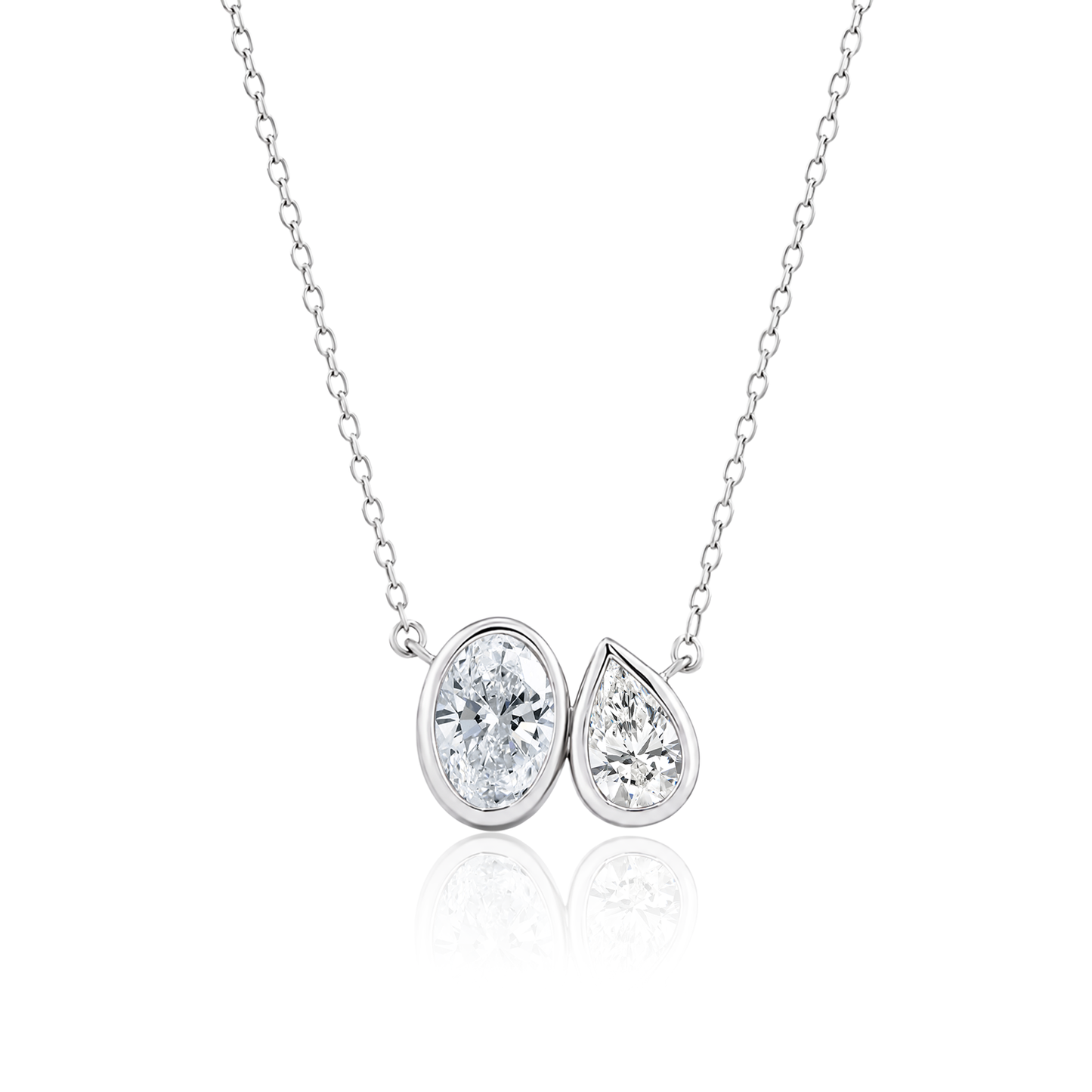 TDG 10K Gold Lab Grown Oval & Pear Cut Diamond Bezel Setting Toi et Moi Necklace – 1.3TCW±