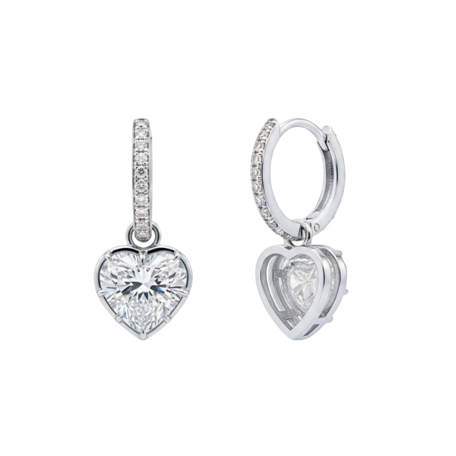 TDG 10K White Gold Lab-Grown Hoop Earrings with a Dangling Heart