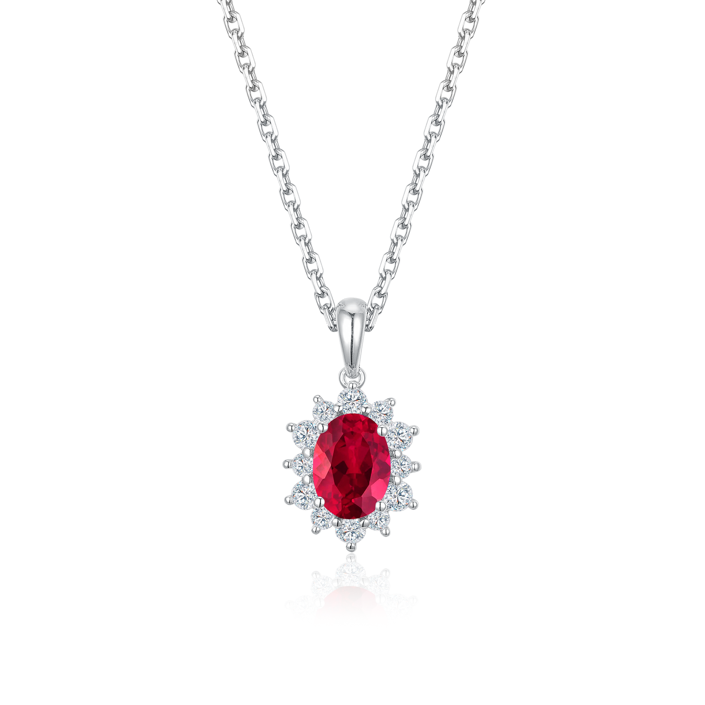 TDG 10K White Gold Lab-Grown Ruby & Diamond Halo Pendant Necklace