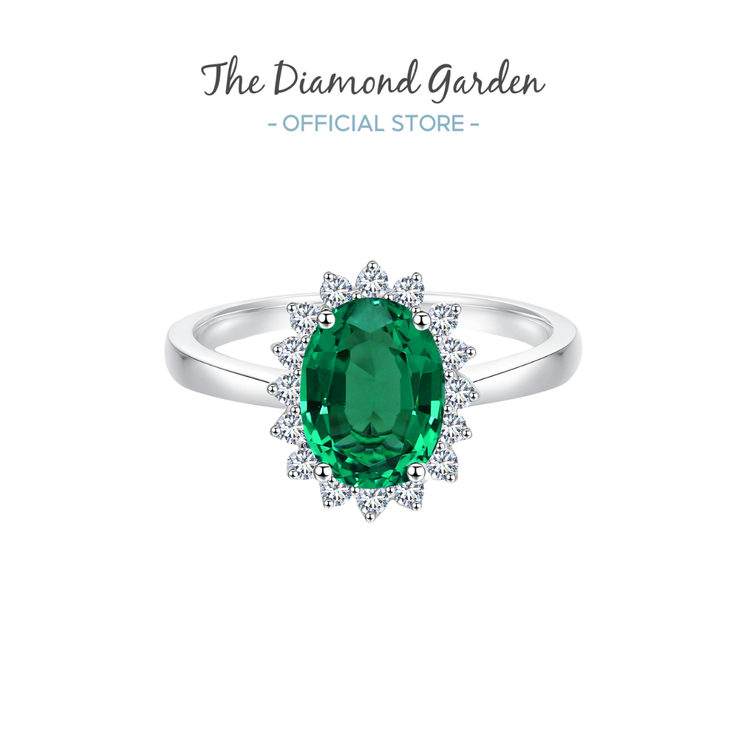 TDG 10K White Gold Lab-Grown Emerald & Ruby Oval Halo Rings