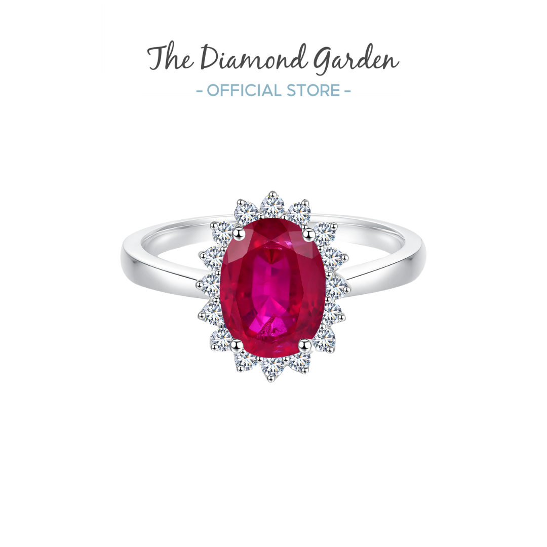 TDG 10K White Gold Lab-Grown Emerald & Ruby Oval Halo Rings
