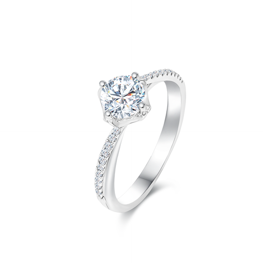 TDG 10K White Gold Lab-Grown Diamond Solitaire Ring with Pavé Band