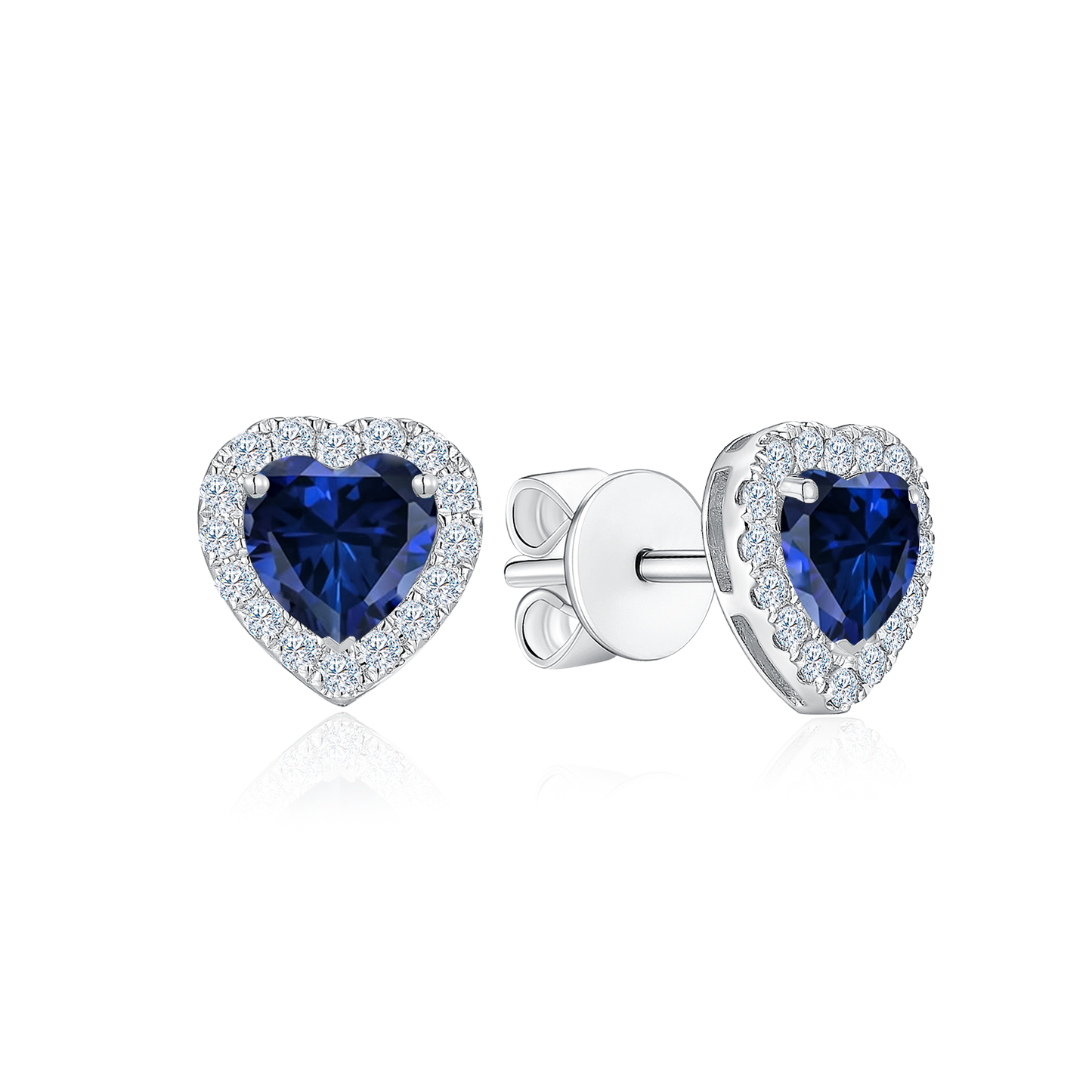 TDG 10K White Gold Lab-Grown Blue Sapphire Heart-Cut Diamond Stud Earrings