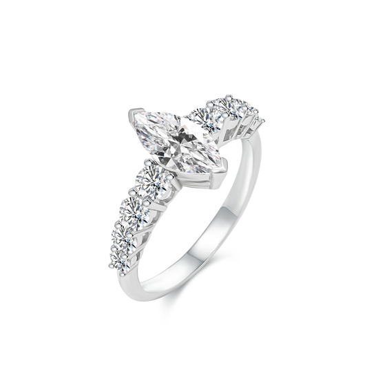 TDG 10K White Gold Lab-Grown Marquise Diamond Ring with Round Side Stones