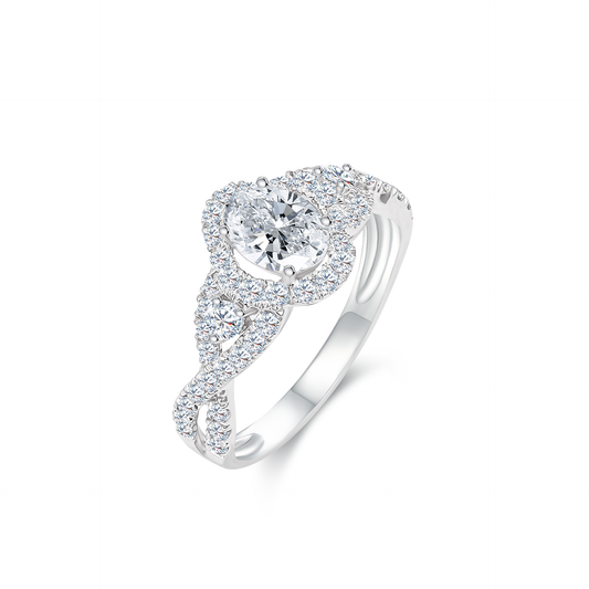 TDG 10K White Gold Lab-Grown Diamond Halo Ring with Twisted Pavé Band