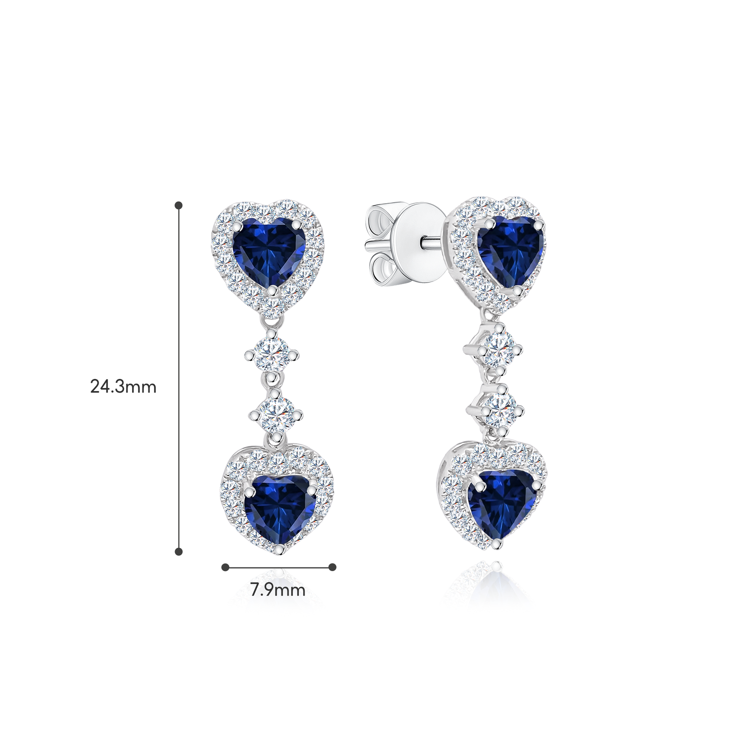 TDG 10K White Gold Blue Heart Gemstone & Lab-Grown Diamond Drop Earrings