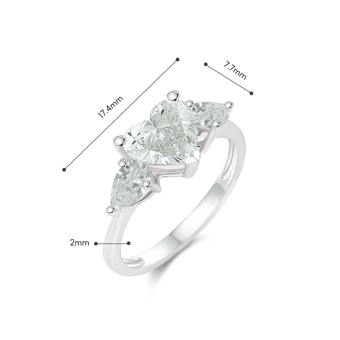 TDG 18K White Gold Lab-Grown Heart Diamond Ring with Side Pear Diamonds – IGI Certified