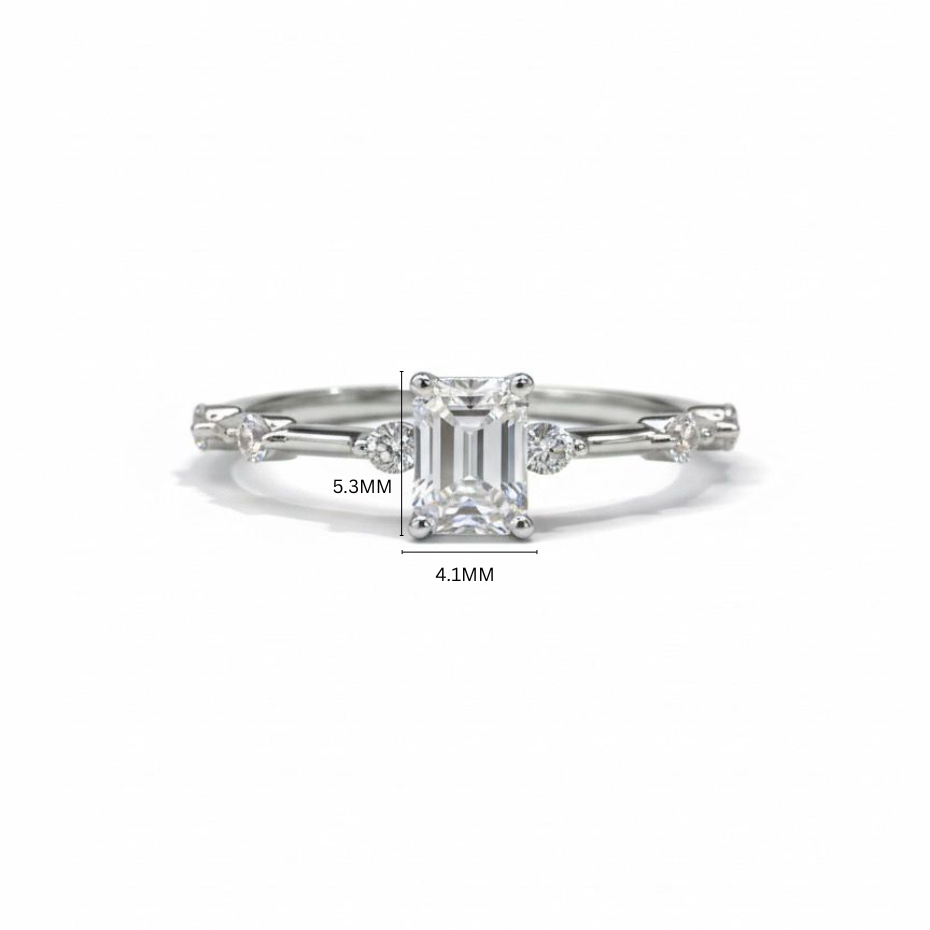 TDG 10K White Gold Lab-Grown Emerald Cut Diamond with Baguette Side Stones Ring