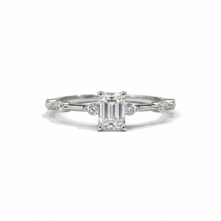 TDG 10K White Gold Lab-Grown Emerald Cut Diamond with Baguette Side Stones Ring