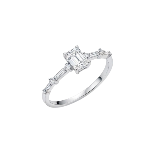 TDG 10K White Gold Lab-Grown Emerald Cut Diamond with Baguette Side Stones Ring