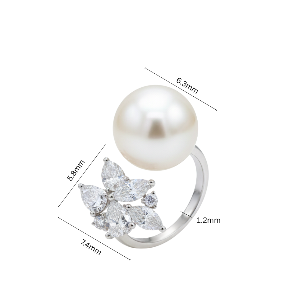 TDG 10K White Gold Pearl Lab-Grown Mixed Diamond Ring