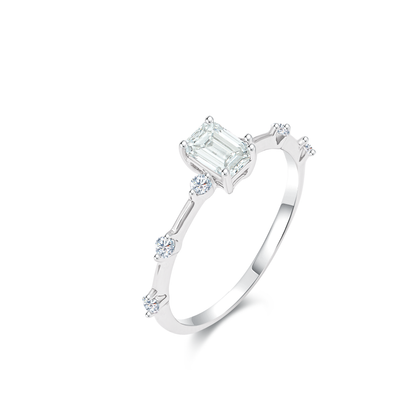 TDG 10K White Gold Lab-Grown Emerald Cut Diamond with Baguette Side Stones Ring