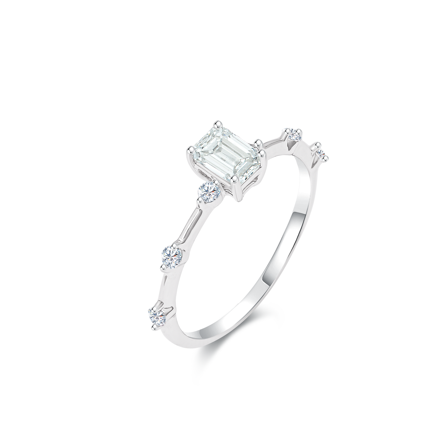 TDG 10K White Gold Lab-Grown Emerald Cut Diamond with Baguette Side Stones Ring