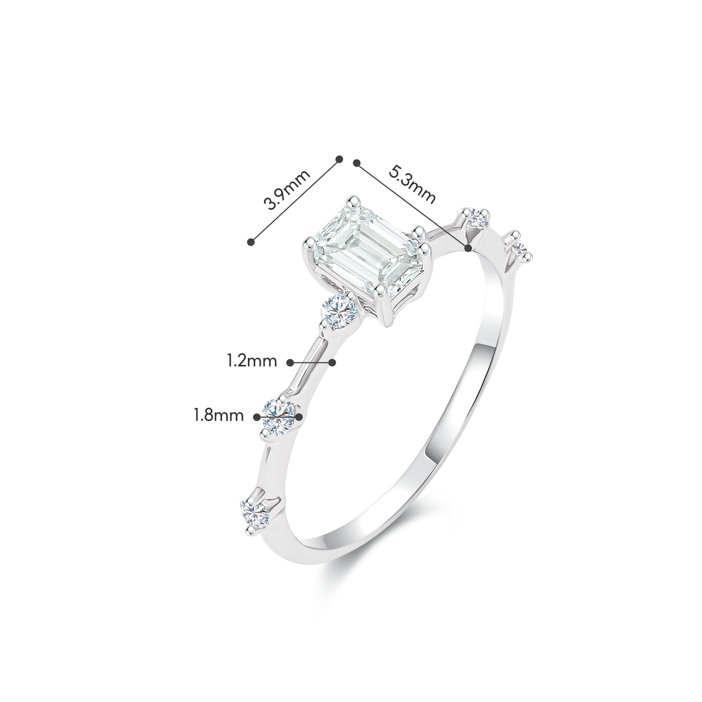 TDG 10K White Gold Lab-Grown Emerald Cut Diamond with Baguette Side Stones Ring