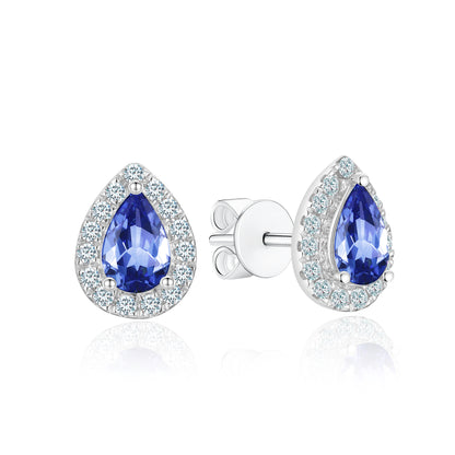 10K Gold Pear Shaped Cut Lab Grown Blue Sapphire Diamond Earrings