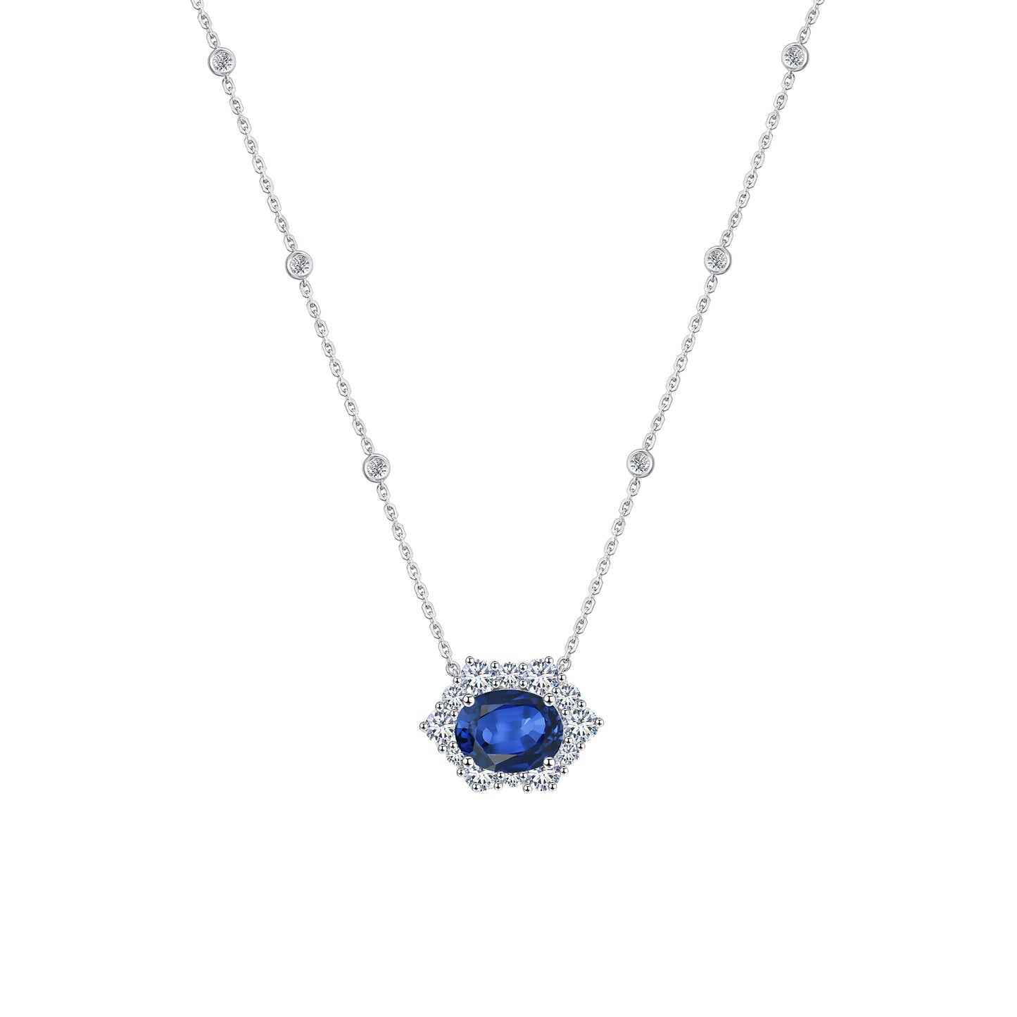 10K Gold Oval Cut Lab Grown Sapphire Diamond Necklace