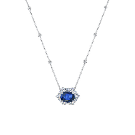 10K Gold Oval Cut Lab Grown Sapphire Diamond Necklace