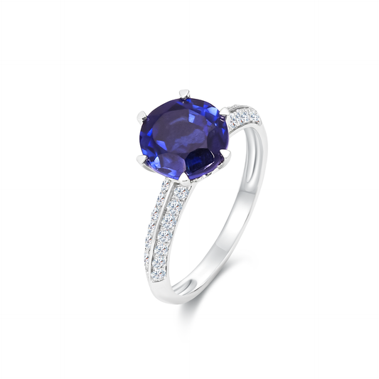 TDG 10K Round Shape Lab Grown Blue Sapphire Diamond Ring