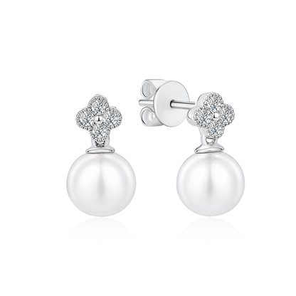 TDG 10K Gold Lab Grown Quartet Pearl Dangle Earrings