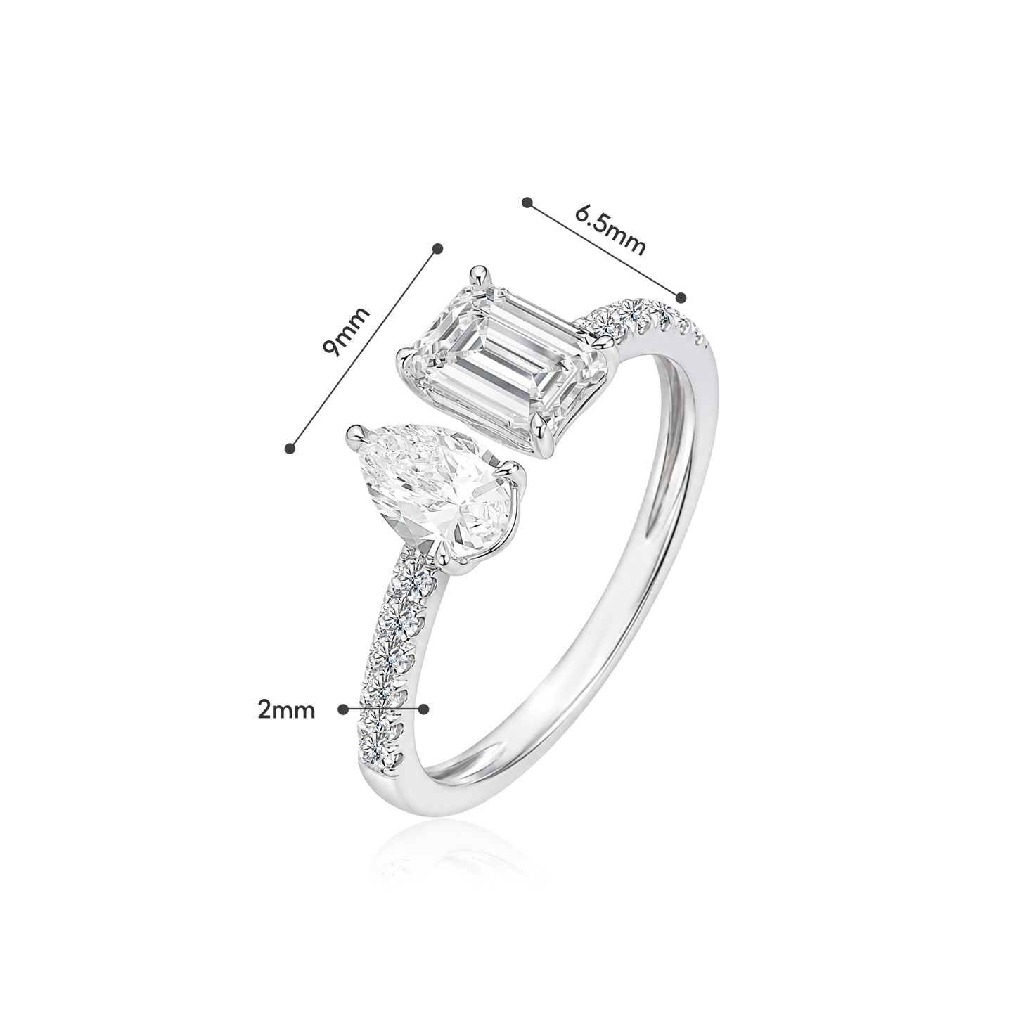 TDG 10K White Gold Lab Grown Diamond Pavé Emerald & Pear Cut Toi et Moi Ring