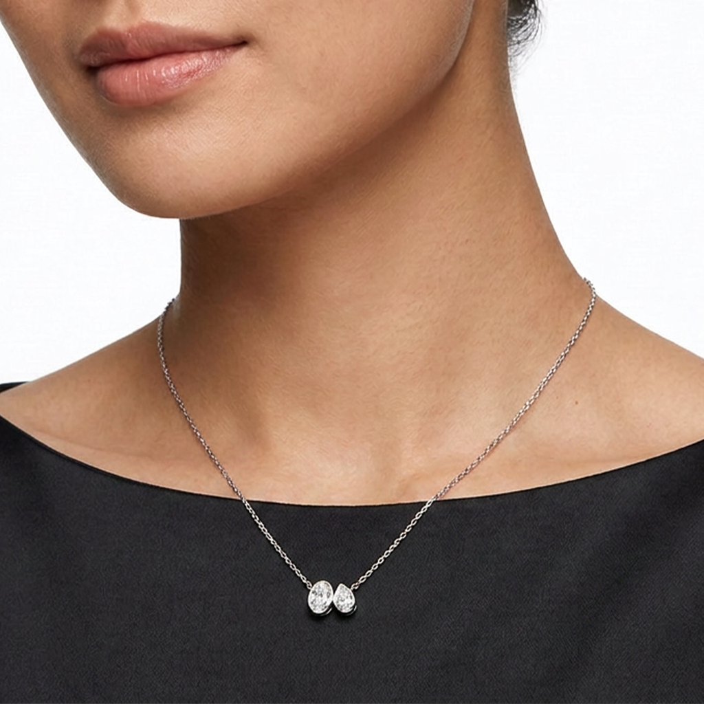TDG 10K Gold Lab Grown Oval & Pear Cut Diamond Bezel Setting Toi et Moi Necklace – 1.3TCW±