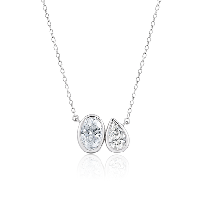 TDG 10K Gold Lab Grown Oval & Pear Cut Diamond Bezel Setting Toi et Moi Necklace – 1.3TCW±