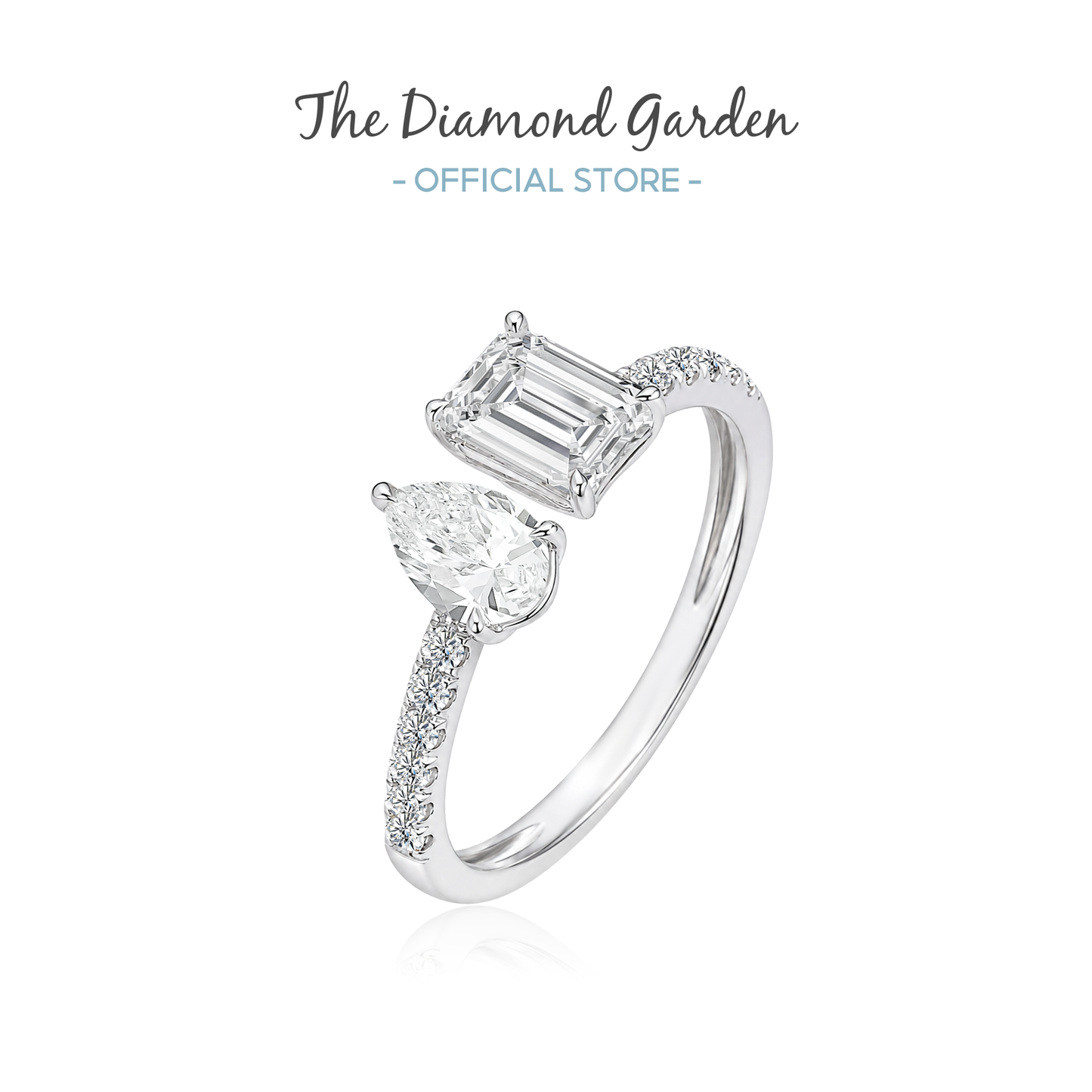 TDG 10K White Gold Lab Grown Diamond Pavé Emerald & Pear Cut Toi et Moi Ring