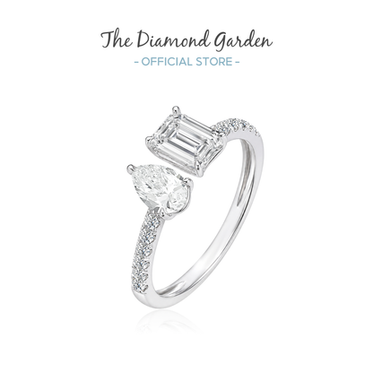 TDG 10K White Gold Lab Grown Diamond Pavé Emerald & Pear Cut Toi et Moi Ring