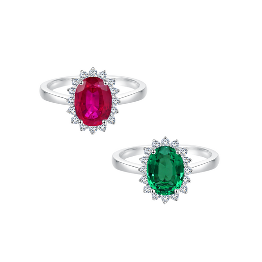 TDG 10K White Gold Lab-Grown Emerald & Ruby Oval Halo Rings