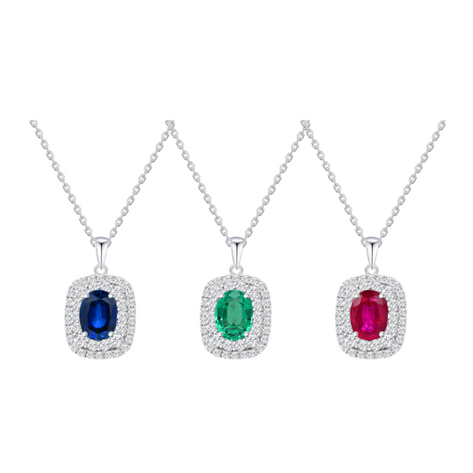 TDG 10K Gold Lab-Grown Gemstone and Diamond Halo Pendant Necklace