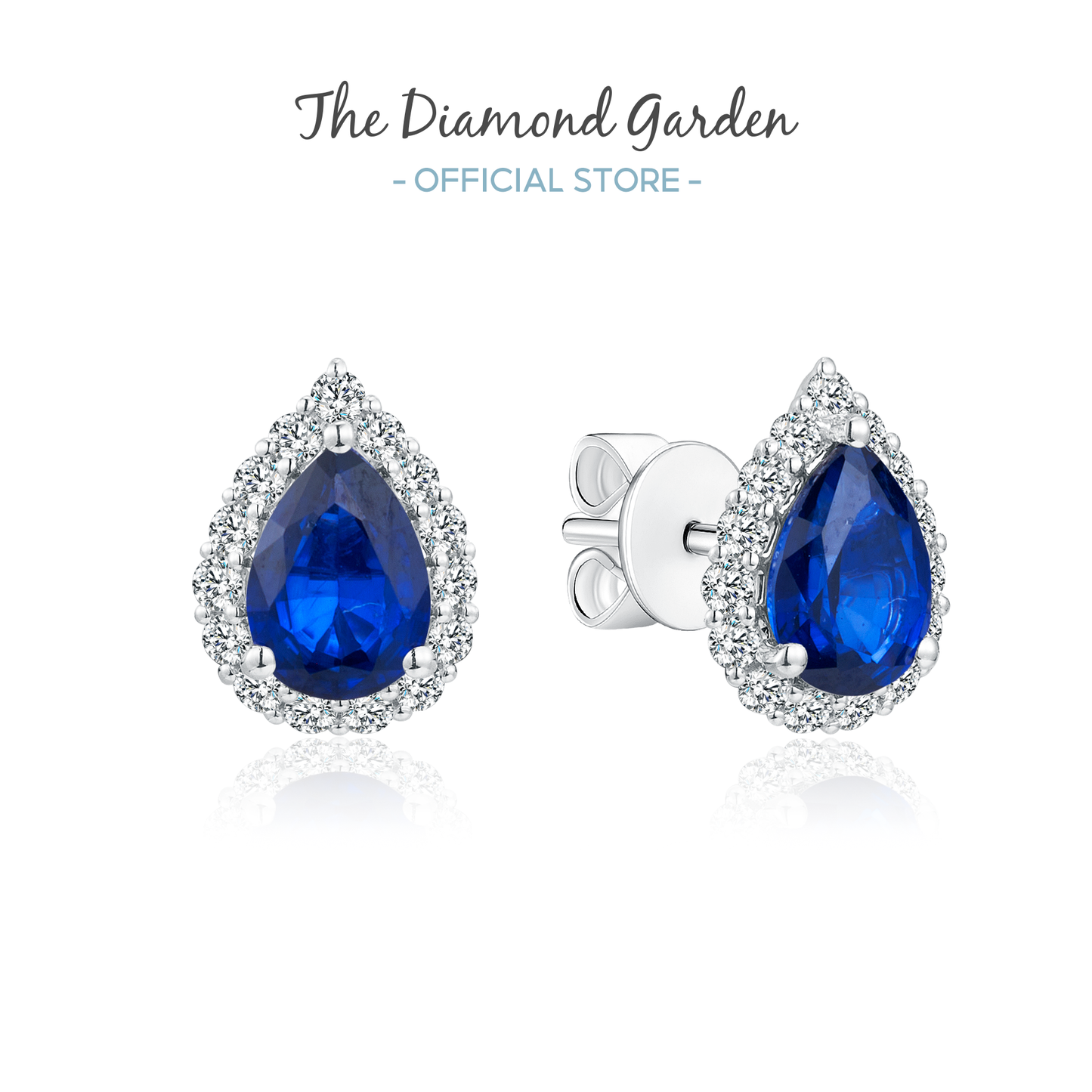 TDG 10K Gold Lab Grown Sapphire Teardrop Halo Diamond Stud Earrings