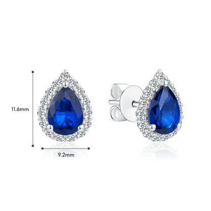 TDG 10K Gold Lab Grown Sapphire Teardrop Halo Diamond Stud Earrings