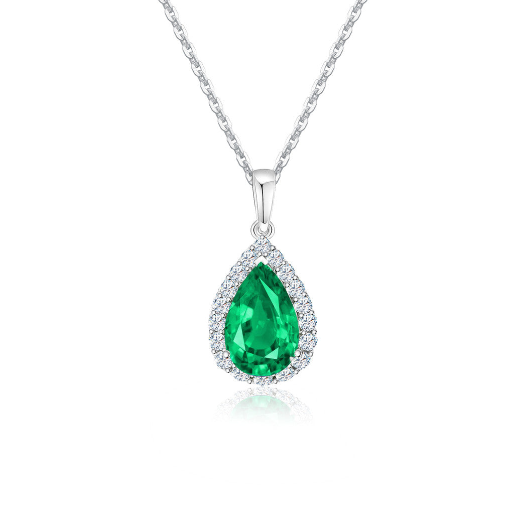 TDG 10K White Gold Lab-Grown Pear-Shaped Green Gemstone & Diamond Halo Pendant Necklace