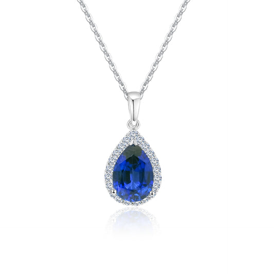 10K Gold Lab Grown Pear Shaped Blue Sapphire Diamond Necklace