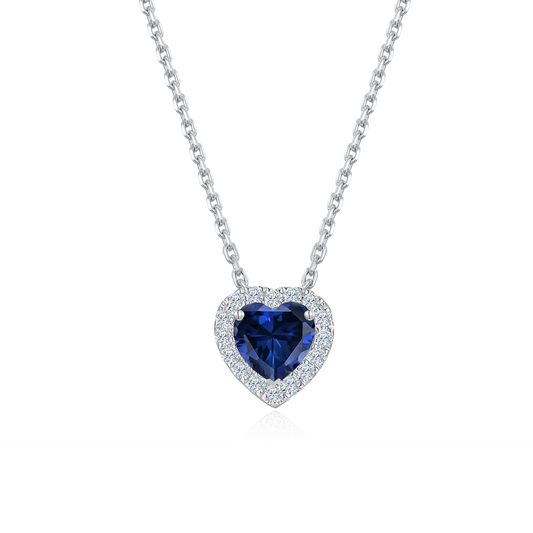 TDG 10K White Gold Lab-Grown Blue Sapphire Heart Pendant Necklace
