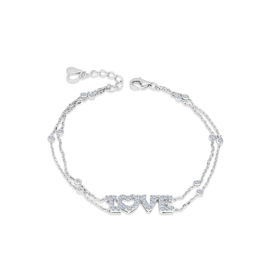 TDG 10K White Gold Lab-Grown Diamond LOVE Double Chain Bracelet