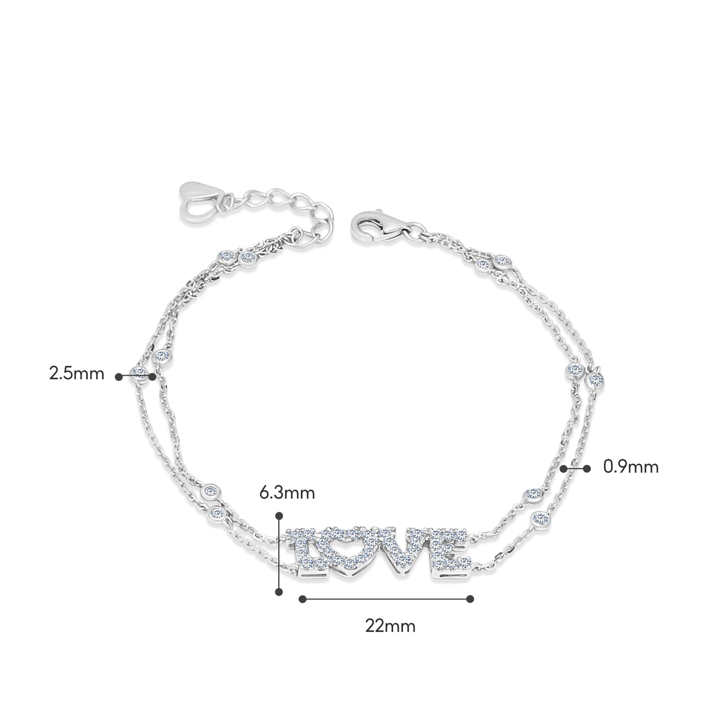 TDG 10K White Gold Lab-Grown Diamond LOVE Double Chain Bracelet