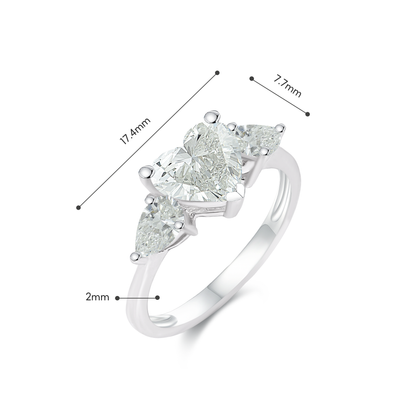 TDG 18K White Gold Lab-Grown Heart Diamond Ring with Side Pear Diamonds – IGI Certified