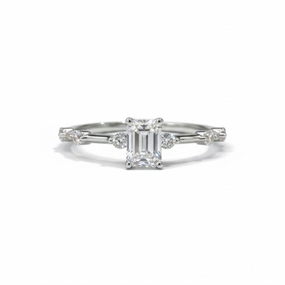 TDG 10K White Gold Lab-Grown Emerald Cut Diamond with Baguette Side Stones Ring