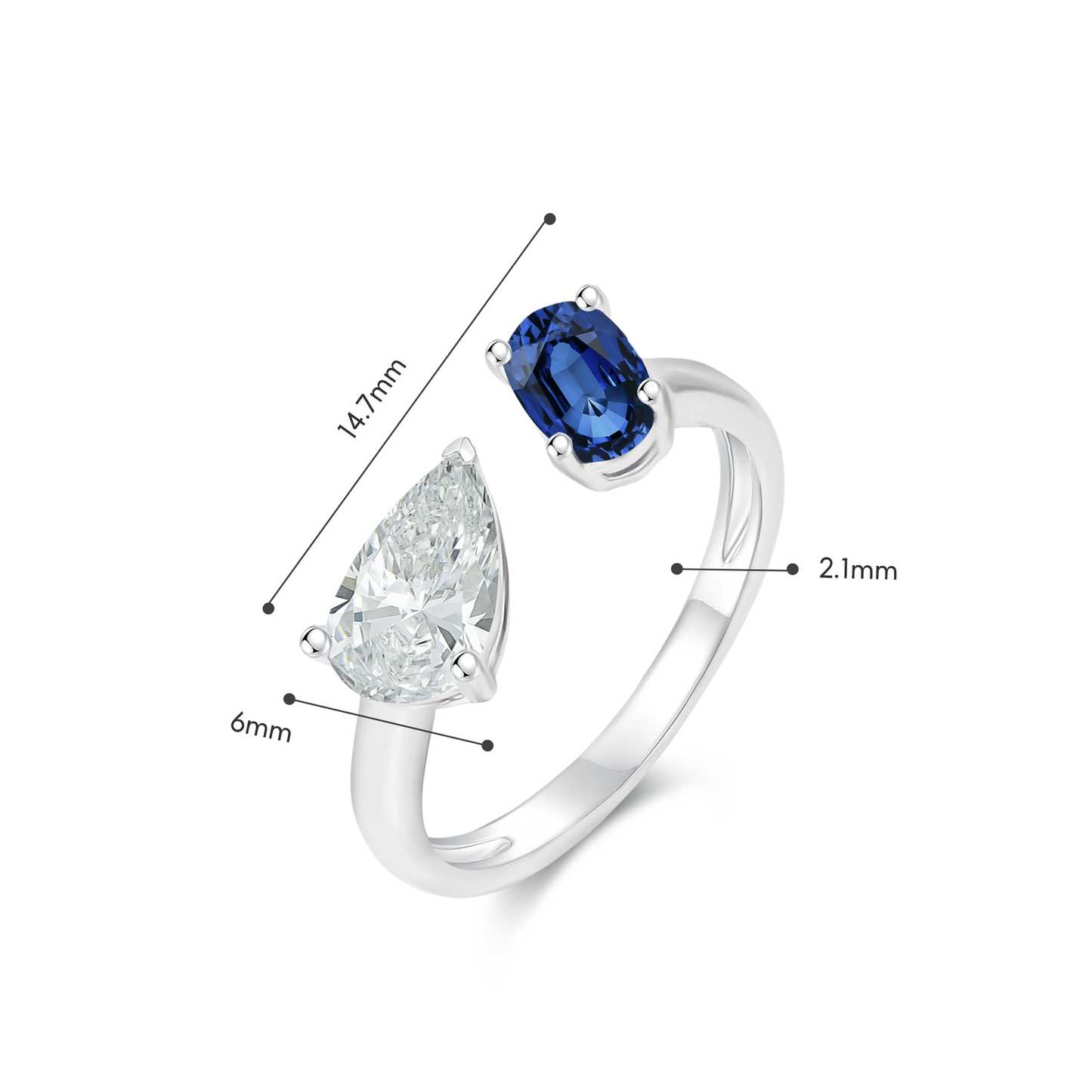 TDG 10K White Gold Lab-Grown Diamond & Blue Sapphire Open Ring