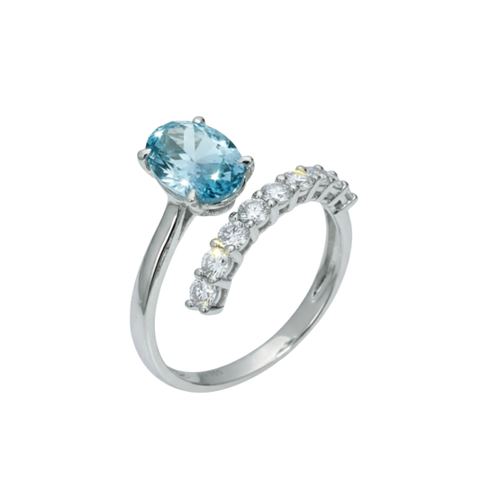 TDG 18K White Gold Open Band Ring with Blue Lab Grown Diamond & Diamond Accents – IGI Certified