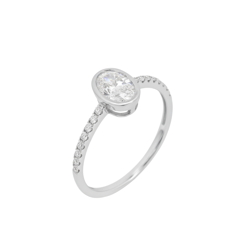 TDG 10K White Gold Lab-Grown Oval Diamond Bezel Ring