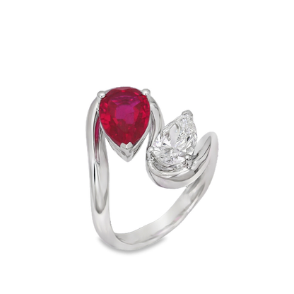 TDG 10K White Gold Lab-Grown Diamond & Ruby Pear Cut Open Band Ring