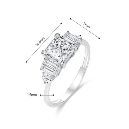 TDG 10K White Gold Princess & Emerald Cut Three-Stone Diamond Ring