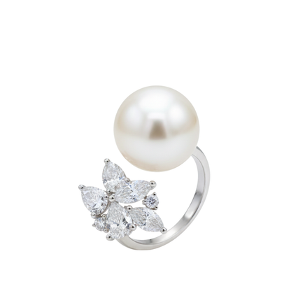 TDG 10K White Gold Pearl Lab-Grown Mixed Diamond Ring