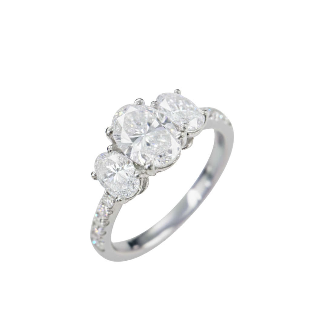 TDG 10K White Gold Three Oval Stone Diamond Ring