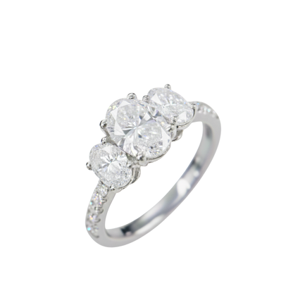 TDG 10K White Gold Three Oval Stone Diamond Ring