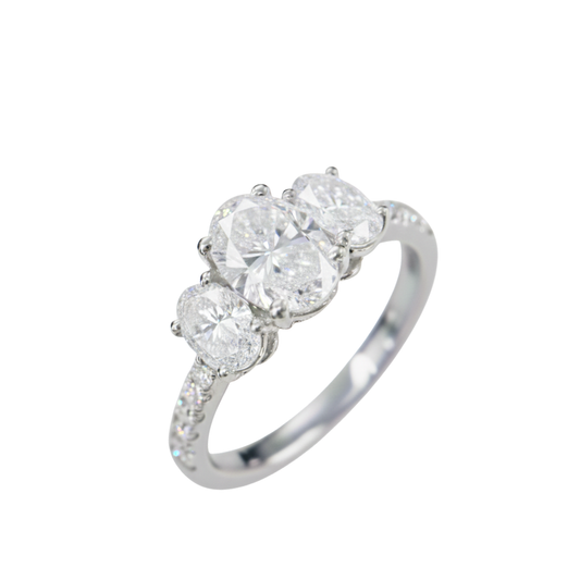 TDG 10K White Gold Three Oval Stone Diamond Ring