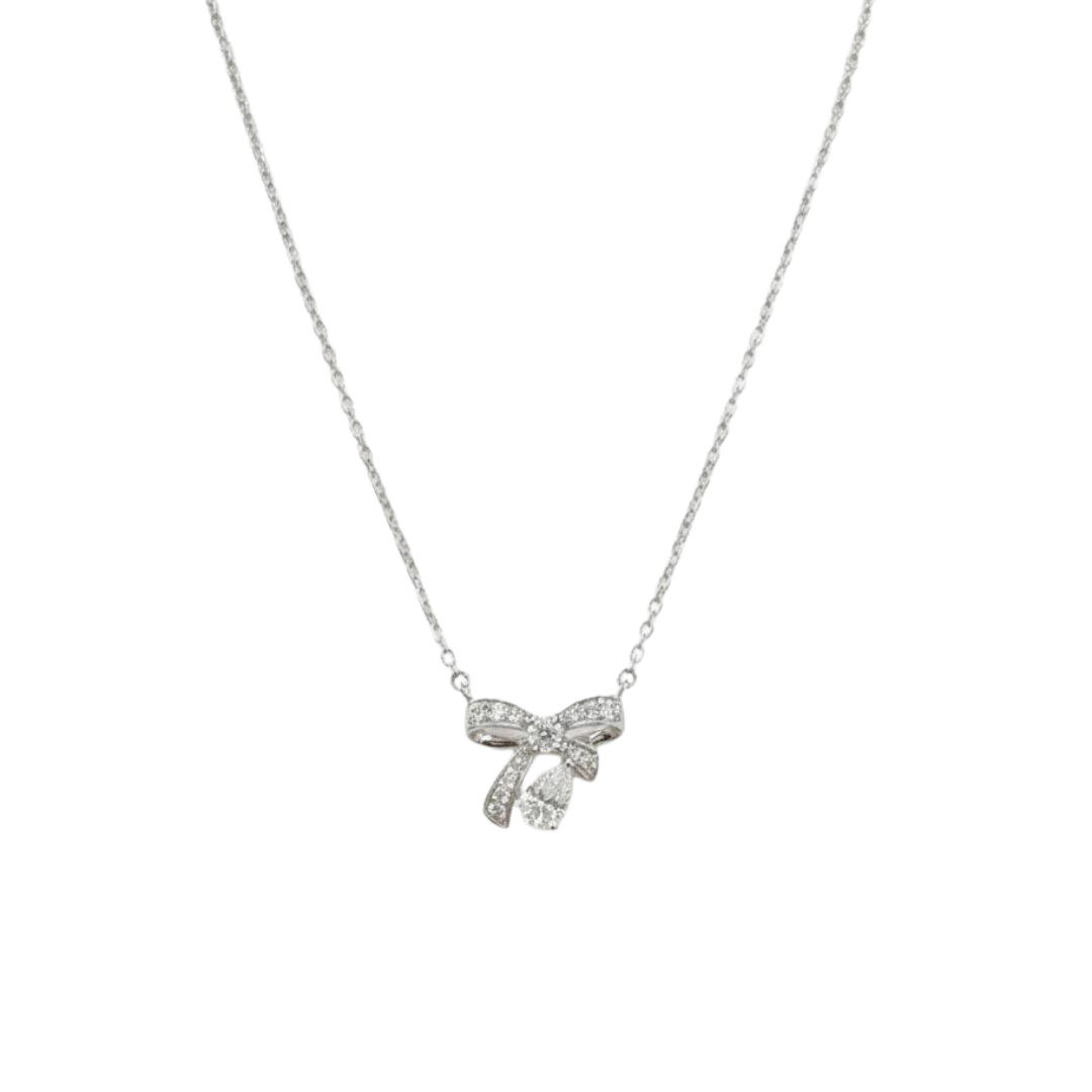 TDG 10K White Gold Diamond Bow Necklace with Pear-Cut Drop Pendant