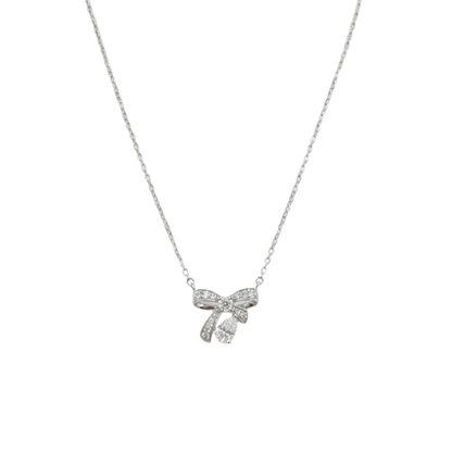 TDG 10K White Gold Diamond Bow Necklace with Pear-Cut Drop Pendant